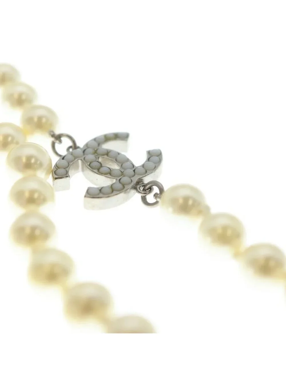 Chanel CC Logo Long Pearl Necklace White Gold White